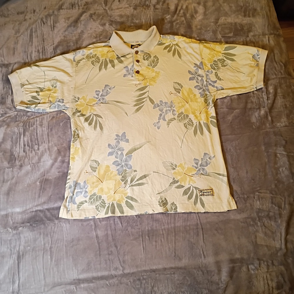 Tommy Bahama Mens Large Floral Polo Shirt Yellow Hibiscus Cotton Tropical Print